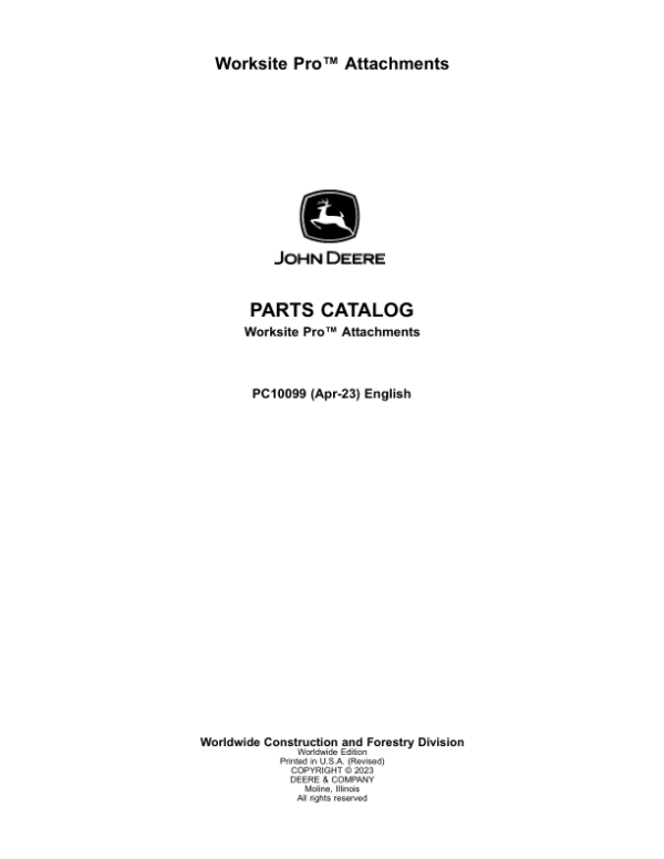 John Deere Snow Pushnow BladeBale Spears Parts Catalog Manual – PC10099 Workshop Guide