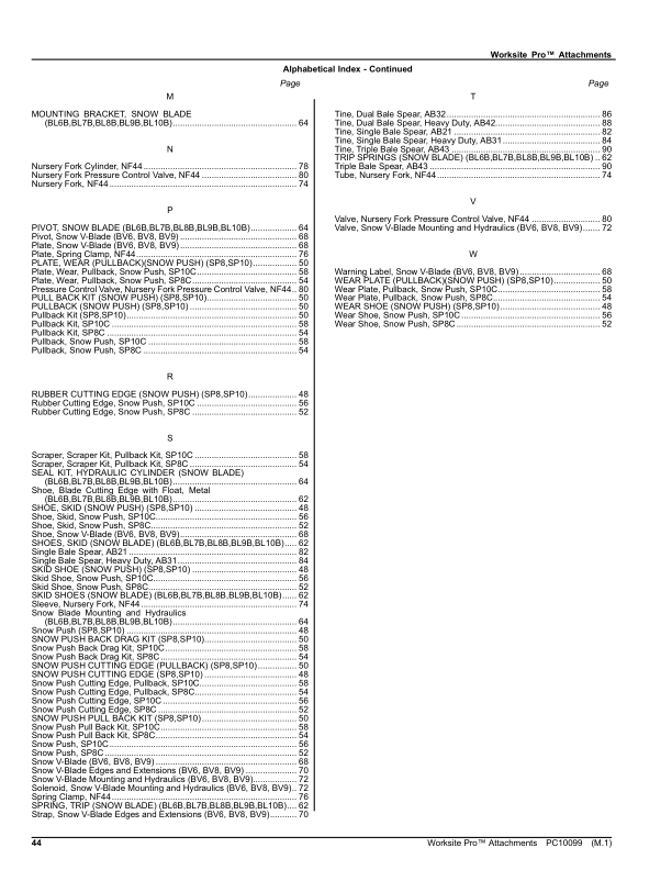 John Deere Snow Pushnow BladeBale Spears Parts Catalog Manual – PC10099 Workshop Guide