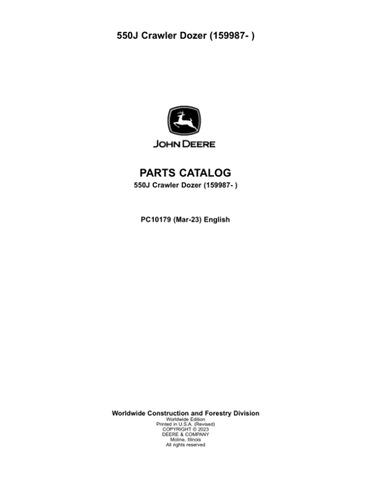 John Deere 550J Crawler Dozers (SN 159987-) Parts Catalog Manual – PC10179 Workshop Guide