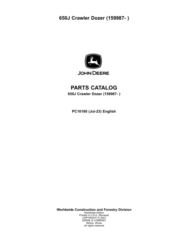 John Deere 650J Crawler Dozers (SN 159987-) Parts Catalog Manual – PC10180 Workshop Guide