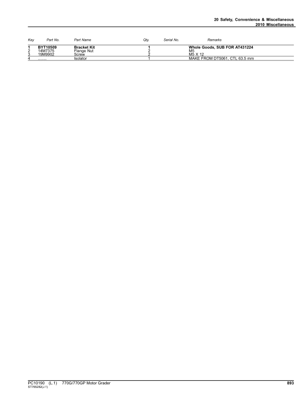 John Deere 770G, 770GP Motor Graders (SN E634380 – 656525) Parts Catalog Manual – PC10190 Workshop Guide