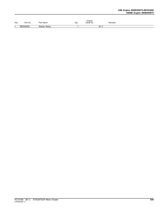John Deere 670G, 670GP Motor Graders (SN C634754 – 656728 & D634754 – 656728) Parts Catalog Manual – PC10194 Workshop Guide