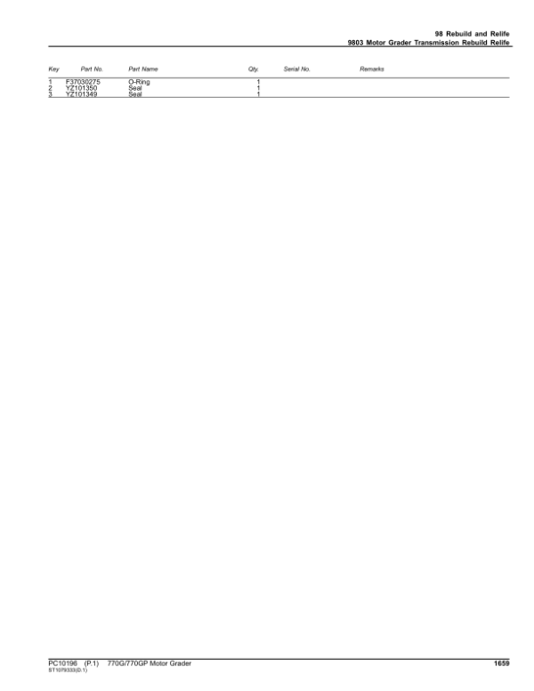John Deere 770G, 770GP Motor Graders (SN C634754 – 656728 & D634754 – 656728) Parts Catalog Manual – PC10196 Workshop Guide