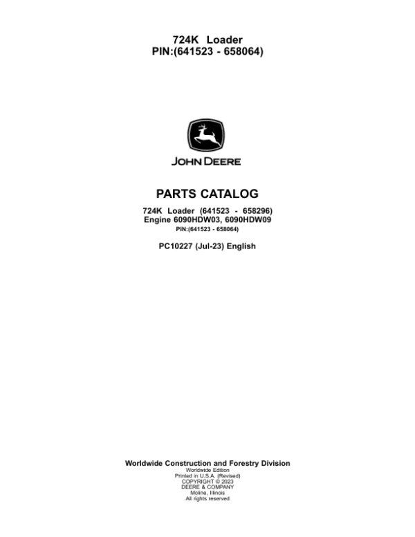 John Deere 724K Loaders (SN 641523 – 658064) Parts Catalog Manual – PC10227 Workshop Guide