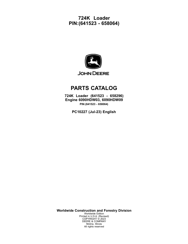 John Deere 724K Loaders (SN 641523 – 658064) Parts Catalog Manual – PC10227 Workshop Guide