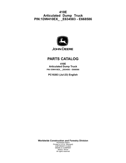 John Deere 410E Articulated Dump Trucks (SN E634583 – E668586) Parts Catalog Manual – PC10263 Workshop Guide