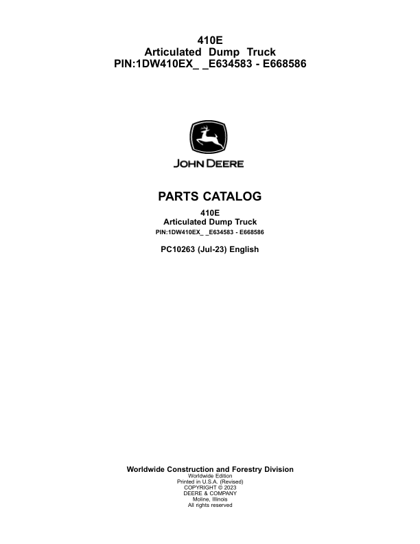 John Deere 410E Articulated Dump Trucks (SN E634583 – E668586) Parts Catalog Manual – PC10263 Workshop Guide
