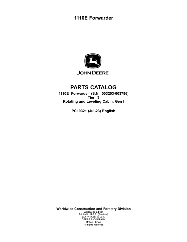 John Deere 1110E T3 Forwarders (SN 003203-003818) Parts Catalog Manual – PC10321 Workshop Guide