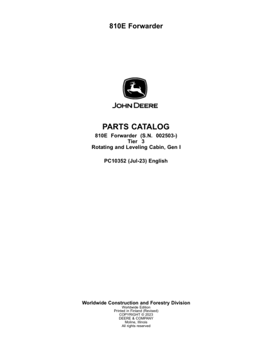 John Deere 810E T3 Forwarders (SN 002503-002736) Parts Catalog Manual – PC10352 Workshop Guide