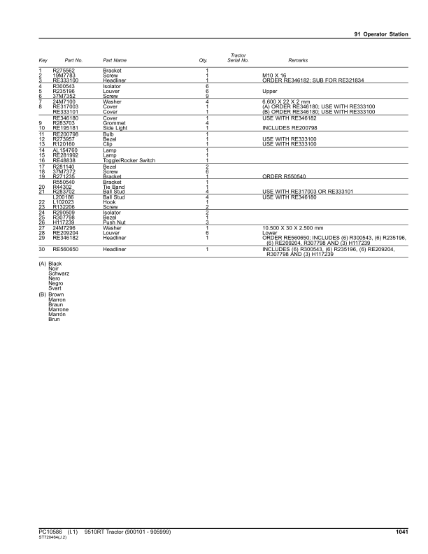 John Deere 9510RT Scraper Tractors (SN 900101-905999) Parts Catalog Manual – PC10586 Workshop Guide