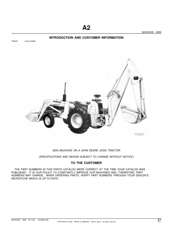John Deere 9250 Attachments (SN 9250 Backhoe on a JD300 Tractor) Parts Catalog Manual – PC1105 Workshop Guide