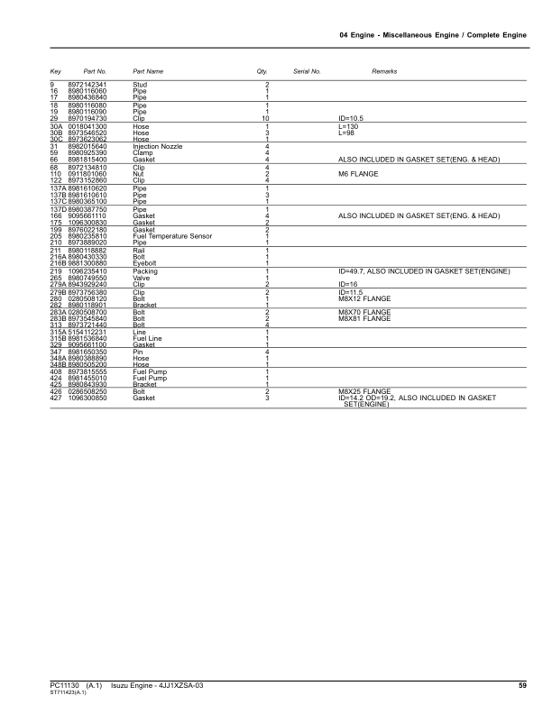 Isuzu 4JJ1, 4JJ1XZSA-03 Engine Parts Catalog Manual – PC11130 Workshop Guide