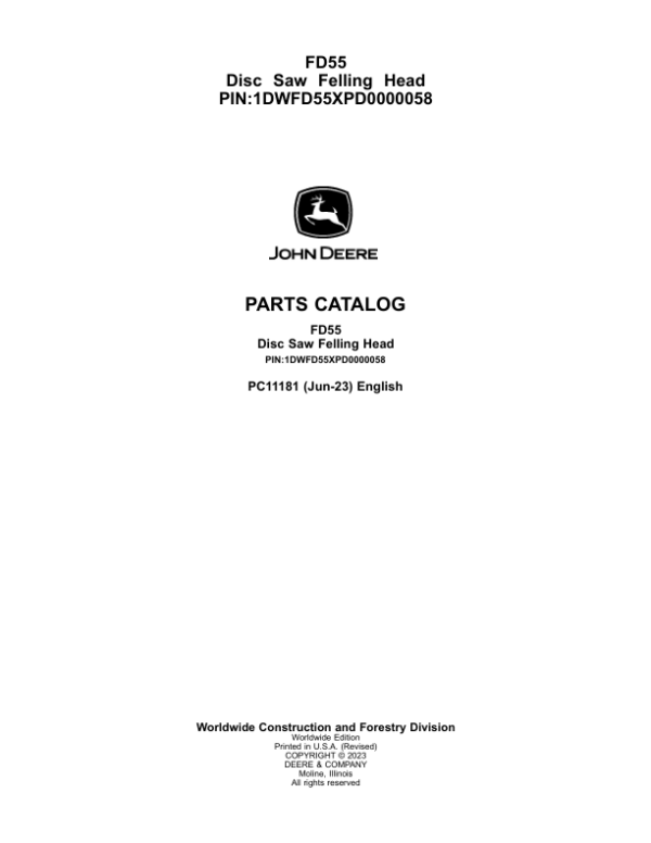 John Deere FD55 Felling Heads Parts Catalog Manual – PC11181 Workshop Guide