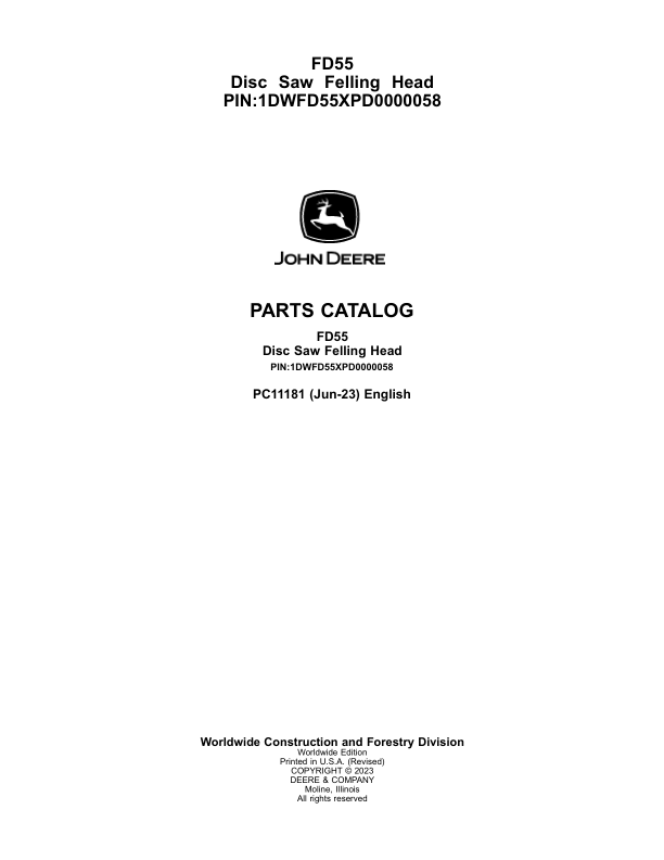 John Deere FD55 Felling Heads Parts Catalog Manual – PC11181 Workshop Guide