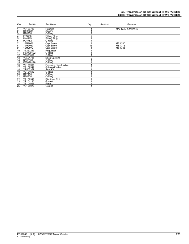 John Deere 870G, 870GP Graders (SN C656729- & D656729-) Parts Catalog Manual – PC11249 Workshop Guide