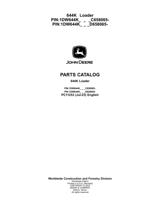 John Deere 644K Loaders (SN C658065- & D658065-) Parts Catalog Manual – PC11253 Workshop Guide