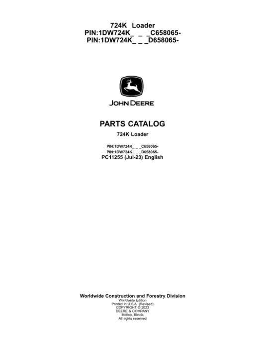 John Deere 724K Loaders (SN C658065 – & D658065-) Parts Catalog Manual – PC11255 Workshop Guide