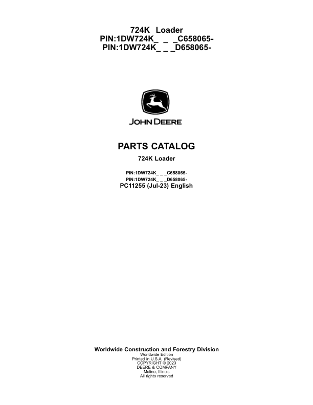 John Deere 724K Loaders (SN C658065 – & D658065-) Parts Catalog Manual – PC11255 Workshop Guide