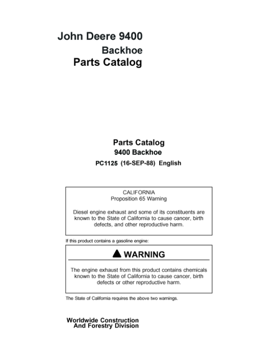 John Deere 9400 Backhoe Attachments Parts Catalog Manual – PC1125 Workshop Guide