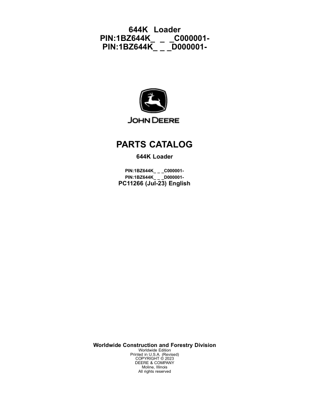 John Deere 724K Loaders (SN C000001- & D000001-) Parts Catalog Manual – PC11266 Workshop Guide
