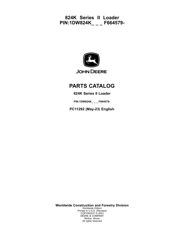 John Deere 824K Series II Crawlers (SN 1DW824K_  F664579-) Parts Catalog Manual – PC11292 Workshop Guide
