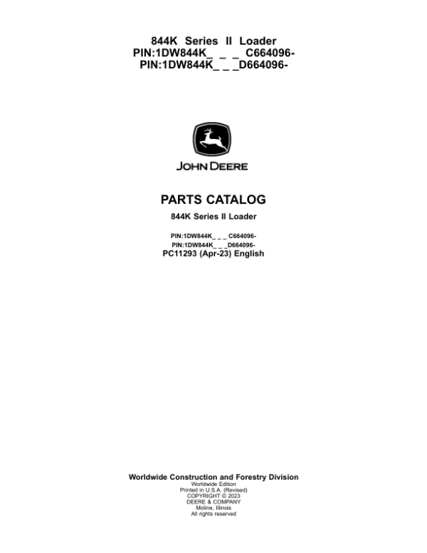 John Deere 844K Series II Crawlers (SN C664096- & D664096-) Parts Catalog Manual – PC11293 Workshop Guide