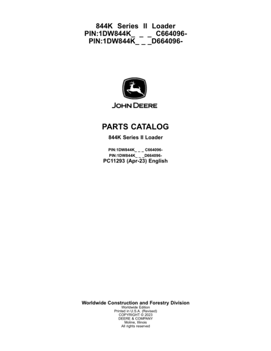 John Deere 844K Series II Crawlers (SN C664096- & D664096-) Parts Catalog Manual – PC11293 Workshop Guide