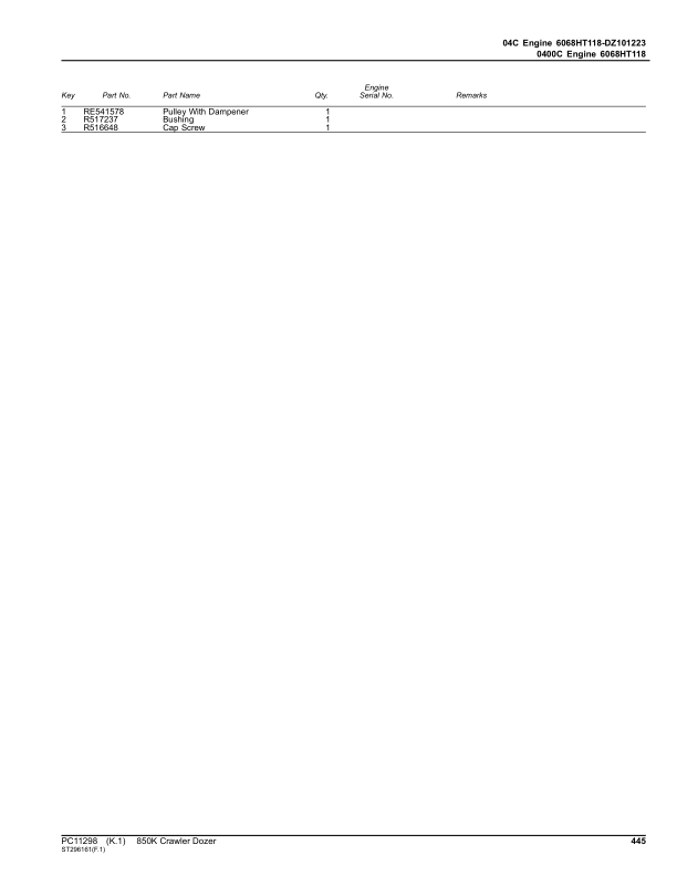 John Deere 850K Crawlers (SN 1T0850KX_ _F271510-) Parts Catalog Manual – PC11298 Workshop Guide