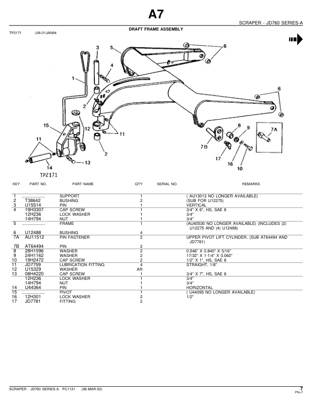 John Deere JD760 Serie A (Manufactured 1969-1975) Parts Catalog Manual – PC1131 Workshop Guide
