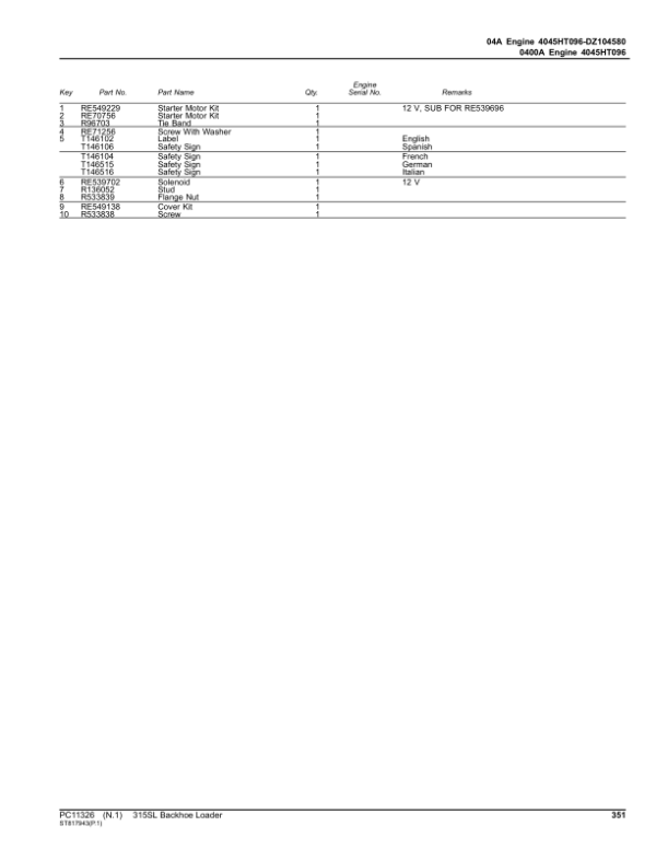 John Deere 315SL Backhoe Loaders (SN F273920-390995) Parts Catalog Manual – PC11326 Workshop Guide