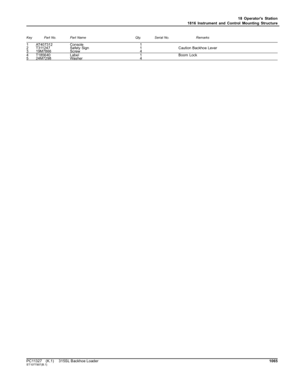 John Deere 315SL Backhoe Loaders (SN C273920-390995 & D273920-390995) Parts Catalog Manual – PC11327 Workshop Guide