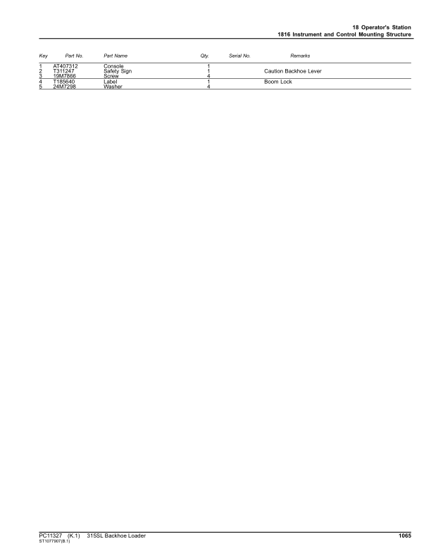 John Deere 315SL Backhoe Loaders (SN C273920-390995 & D273920-390995) Parts Catalog Manual – PC11327 Workshop Guide