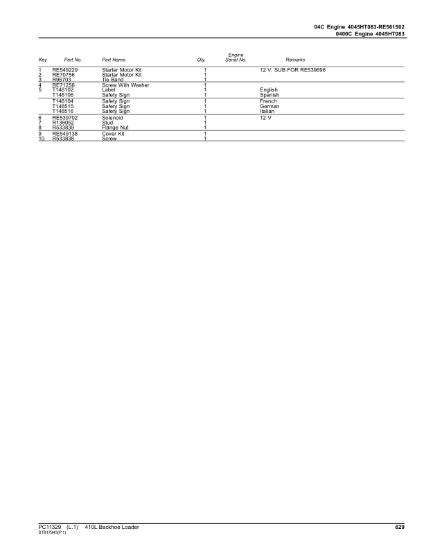 John Deere 410L Backhoe Loaders (SN F273920-390995) Parts Catalog Manual – PC11329 Workshop Guide