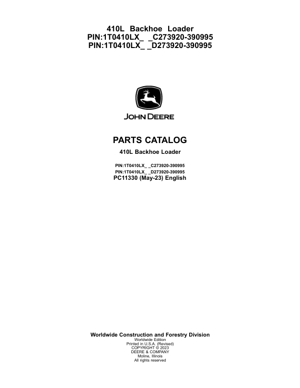 John Deere 410L Backhoe Loaders (SN C273920-390995 & D273920-390995) Parts Catalog Manual – PC11330 Workshop Guide