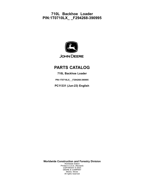 John Deere 710L Backhoe Loaders (SN F294268-390995) Parts Catalog Manual – PC11331 Workshop Guide