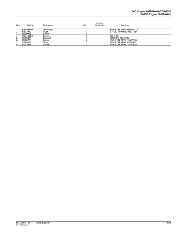 John Deere 524K Loaders (SN F670308-677548) Parts Catalog Manual – PC11366 Workshop Guide