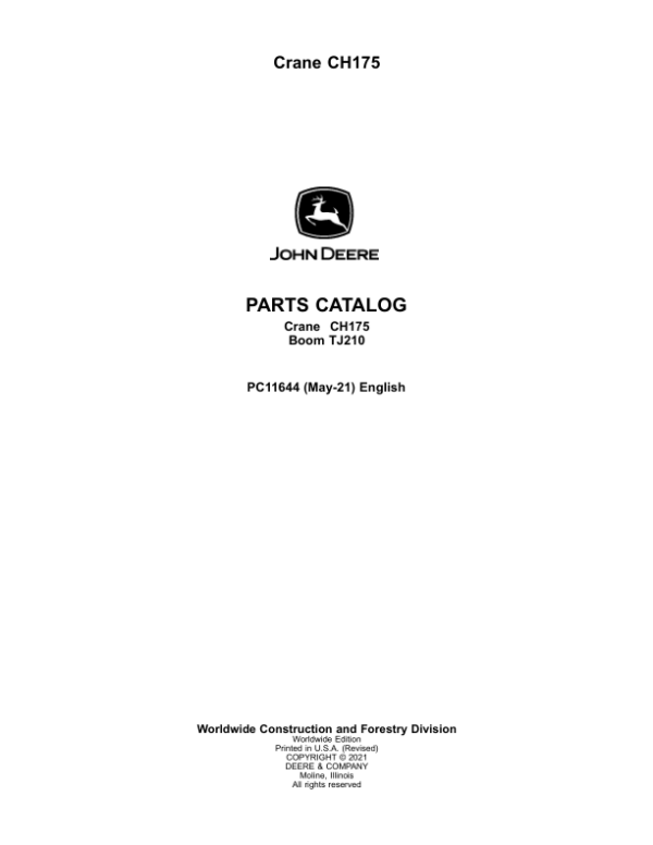 John Deere CH175 Crane Attachments Parts Catalog Manual – PC11644 Workshop Guide