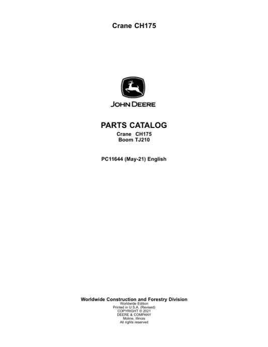 John Deere CH175 Crane Attachments Parts Catalog Manual – PC11644 Workshop Guide