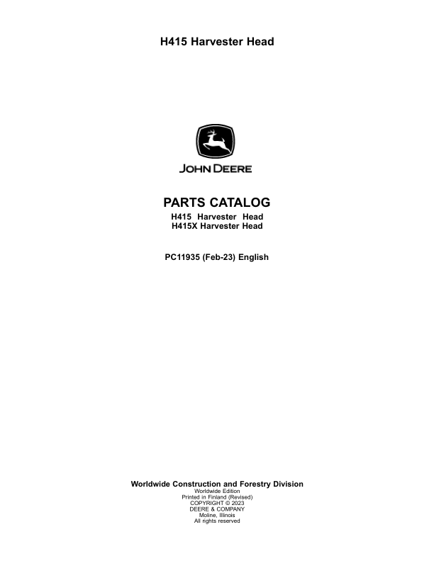 John Deere H415 Harvesting Heads (SN 000006-) Parts Catalog Manual – PC11935 Workshop Guide