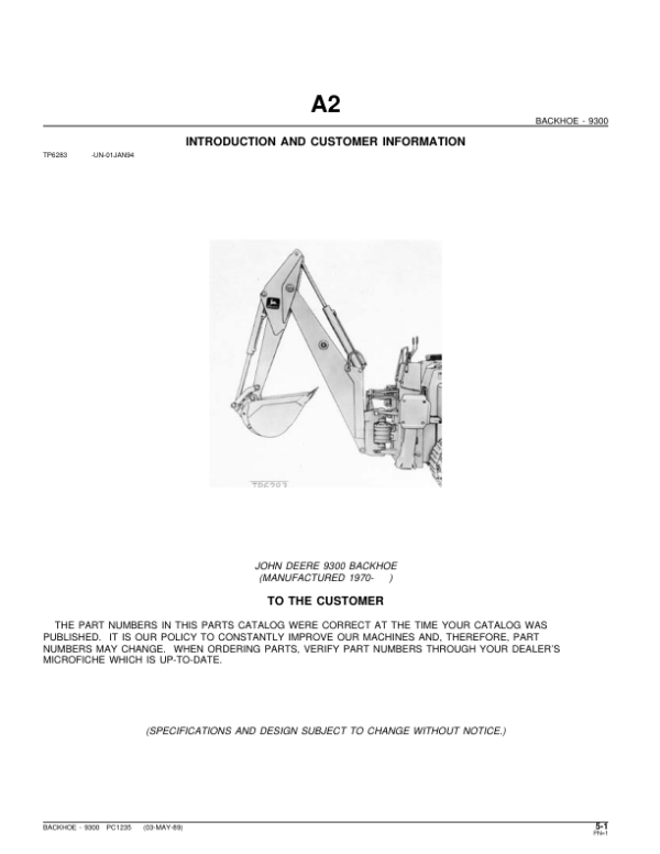 John Deere 9300 Attachments (9300 BACKHOE (MANUFACTURED 1970- ) Parts Catalog Manual – PC1235 Workshop Guide