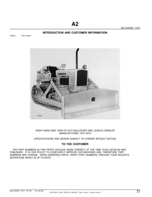 John Deere 6415, 450B Attachments (YR 1970-1973) Parts Catalog Manual – PC1237 Workshop Guide