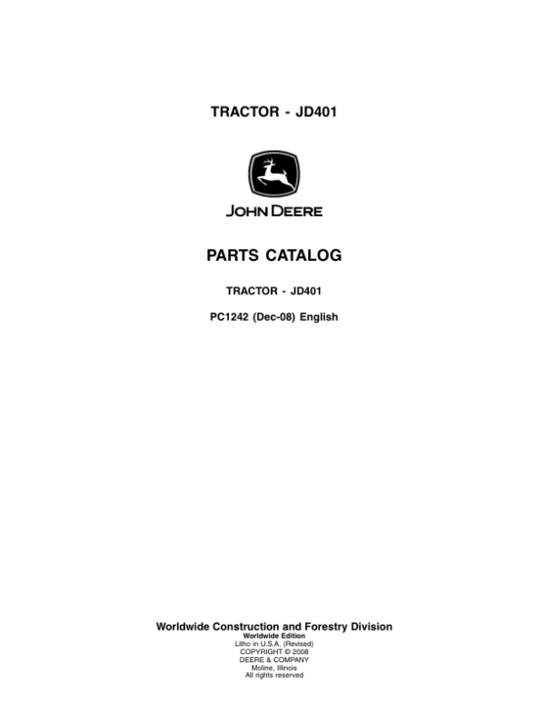 John Deere 401 Tractors Parts Catalog Manual – PC1242 Workshop Guide