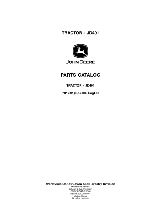 John Deere 401 Tractors Parts Catalog Manual – PC1242 Workshop Guide