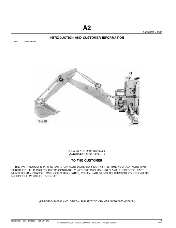 John Deere 9305 Attachments (9305 BACKHOE (MANUFACTURED 1973- ) Parts Catalog Manual Workshop Guide