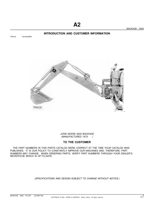 John Deere 9305 Attachments (9305 BACKHOE (MANUFACTURED 1973- ) Parts Catalog Manual Workshop Guide