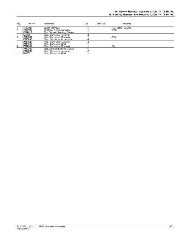 John Deere 1270E IT4 T2 8W Wheeled Harvesters (SN 003009 –003173) Parts Catalog Manual – PC12697 Workshop Guide