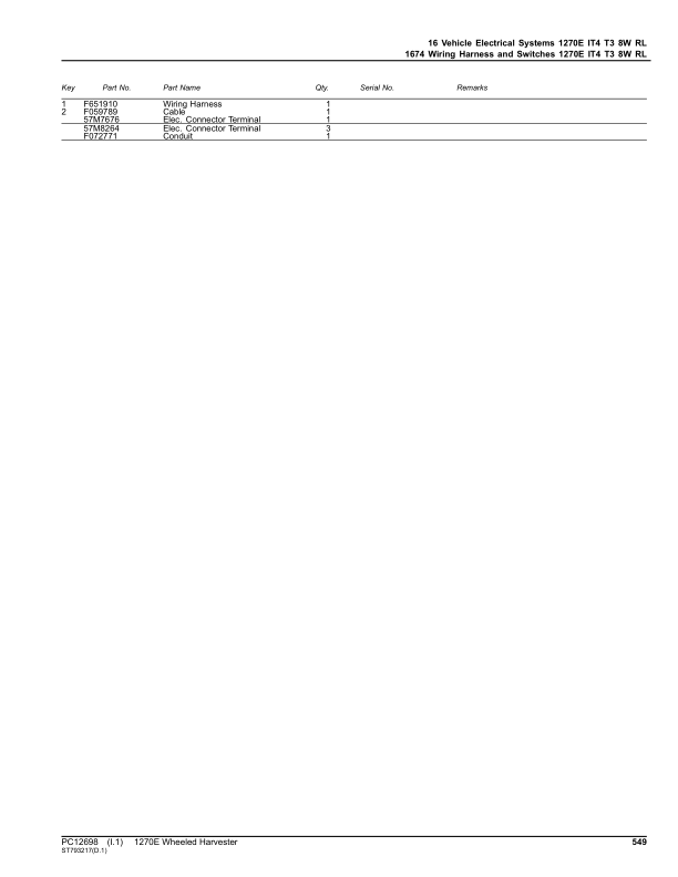 John Deere 1270E IT4 T3 8W Wheeled Harvesters (SN 003009 –003173) Parts Catalog Manual – PC12698 Workshop Guide