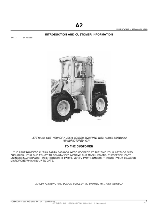 John Deere 3550, 3560 Attachments (JD544 Loader with 3550 SideBoom (YR 1971- ) Parts Catalog Manual – PC1274 Workshop Guide