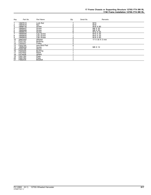 John Deere 1270G FT4 8W Wheeled Harvesters (SN 003505-003884) Parts Catalog Manual – PC12882 Workshop Guide