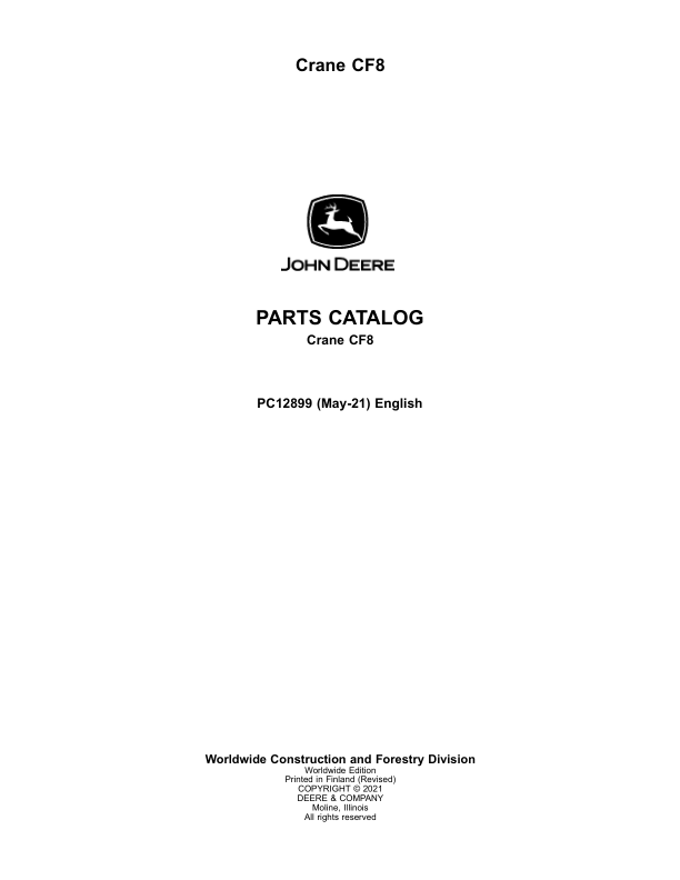 John Deere CF8 Crane Attachments Parts Catalog Manual – PC12899 Workshop Guide